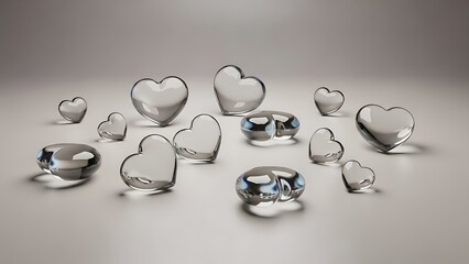 A collection of transparent glass hearts arranged on a neutral reflective surface displaying soft shadows