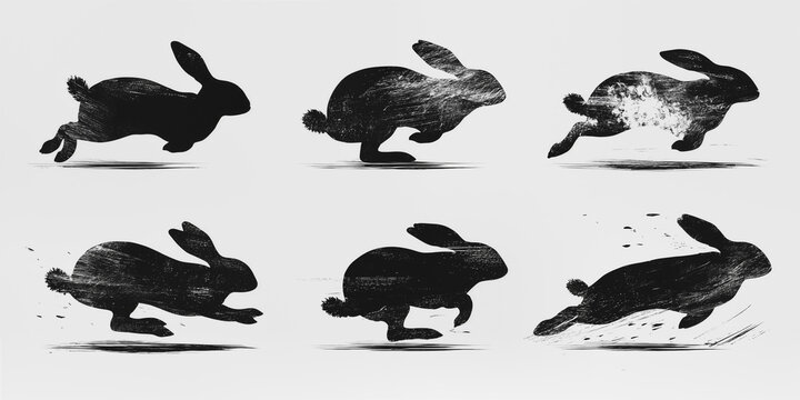 Dynamic Black Brush Stroke Silhouettes of a Rabbit in Motion for Modern Easter Card Design