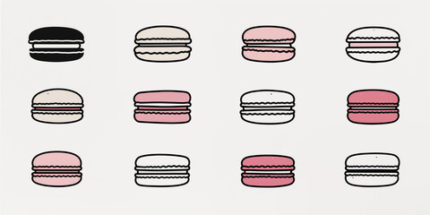 Minimalist Macaron Icons in Black and Pastel Pink on White Background for Modern Branding and Culinary Designs