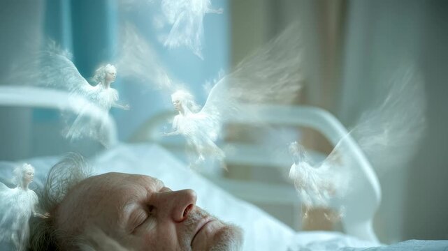 Deathbed vision: human soul flight, body repose, sacred crossing, angel encounter, spiritual farewell, eternal passage, divine light, peaceful ending, soul ascent, heavenly guidance, last moment