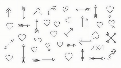 A collection of hand drawn arrows hearts and decorative elements in a simple black and white style