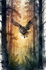 Owl flying through a dense forest at dawn