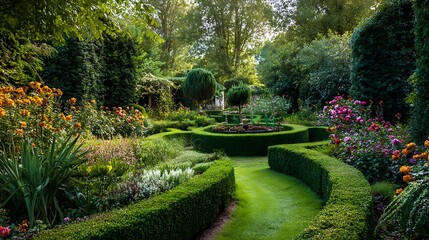 Obraz premium Lush, vibrant formal garden with winding paths, hedges, and diverse flowering plants