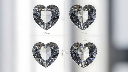 Four heart shaped diamonds displayed with size measurements on a reflective white surface