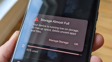 Smartphone displaying "Storage Almost Full" warning with 95% storage used, prompting user to manage space.