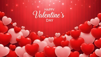 Happy valentines day with red and pink hearts on red background