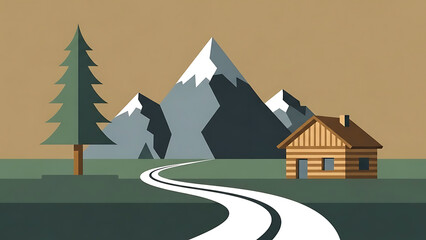 A winding road leads to a cabin nestled among mountains and trees in a serene landscape illustration