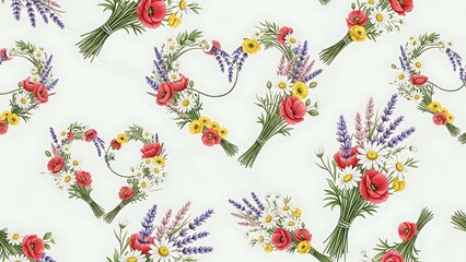 A delightful seamless pattern featuring vibrant bouquets and heart shapes adorned with wildflowers