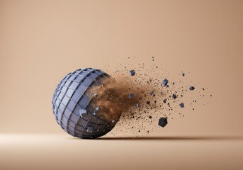 Digital rendering showing a transition from a structured, ordered geometric form into a scattered field of dust and randomness on a neutral background ,transformation ,uniform ,dissolution