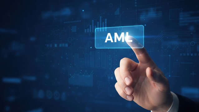 A hand pressing a glowing aml button on digital screen showing system access for anti money laundering and compliance