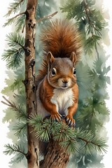 Squirrel peeking out from behind pine branches