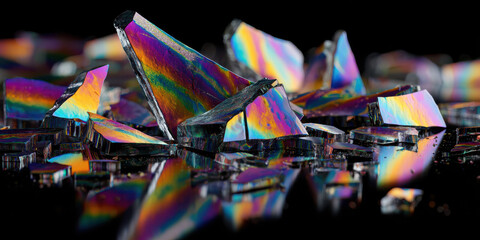 Colorful Reflections of Broken Glass Fragments Creating Intricate Patterns on a Black Background