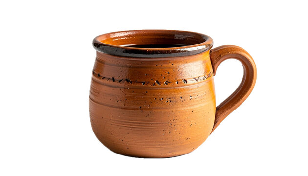 Traditional Colombian clay coffee mug used for tinto with rustic texture, isolated on a white background