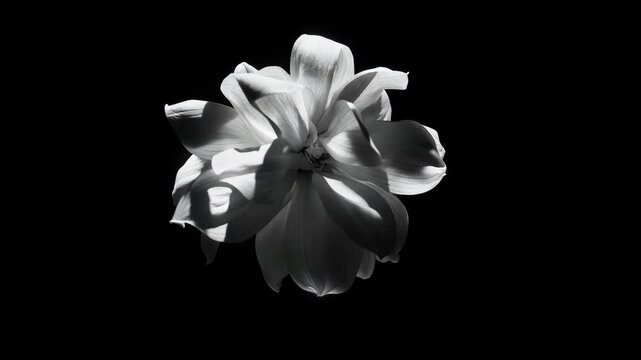 Abstract black and white blooming flower rotating in darkness with dramatic studio lighting and smooth motion. Concept of elegance and artistic minimalism
