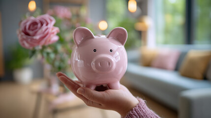 Close-Up of Woman's Hand Holding Pink Rose-Shaped Piggy Bank, Symbolizing Financial Planning and Savings in Cozy Living Room