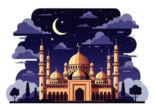 A serene nighttime scene of a majestic mosque with golden domes and minarets, set against a starry sky with a crescent moon, rendered in a vibrant Flat Design Ilustration Vector style.