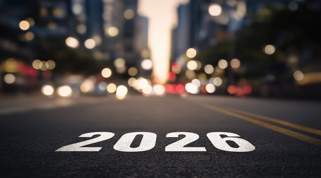 Abstract urban scene with "2026" written in white on asphalt of empty city street, featuring blurred skyscraper lights at sunset for concepts of future, time, and metropolitan life. - Powered by Adobe