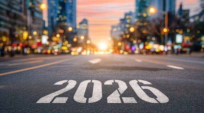 numerals "2026" on empty city asphalt road with sunset glow and blurred skyscraper lights in background, representing urban atmosphere, new year themes, and futuristic concepts for creative projects.