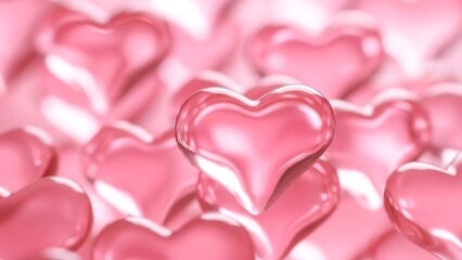 A close up view of numerous translucent pink heart shapes clustered together in soft focus