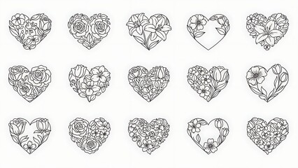 An assortment of intricately detailed floral heart illustrations in black and white line art style