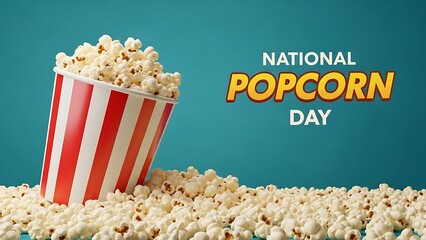 National Popcorn Day banner with a classic striped popcorn container on a teal blue background