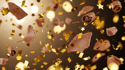 Golden confetti and chocolate pieces are falling gracefully creating a celebratory and luxurious atmosphere