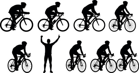 Fototapeta premium Set of Professional Cyclist Silhouettes Featuring Road Bike Racing Athletes in Various Poses Including a Winner Celebrating Victory on White Background