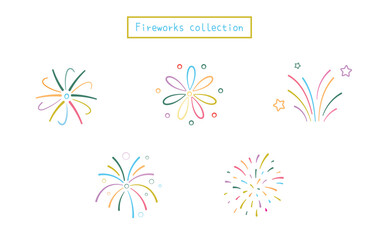 Vibrant colorful fireworks vector isolated doodle collection set. Festive starburst illustration for celebration, poster, design, greeting card, new year
