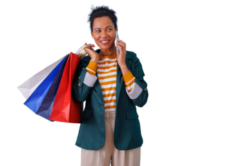 Happy woman shopping and talking on cell phone, carrying colorful bags, isolated on transparent background