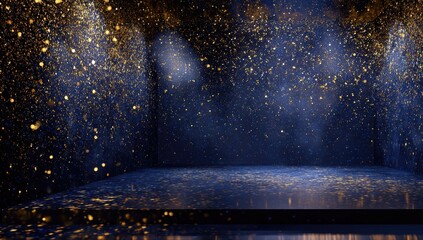 Empty stage with golden glitter falling, illuminated by spotlights, dark blue background