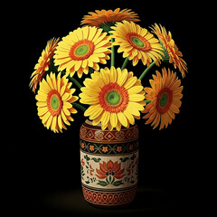A bouquet of bright yellow gerbera daisies with orange centers and green accents arranged in a decorative patterned vase against a solid black