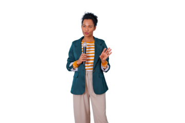 Black woman speaker giving a presentation using a microphone, communicating ideas and knowledge on transparent background