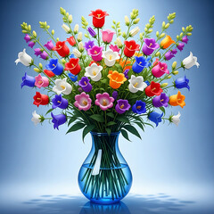A bouquet of campanula bellflowers in various colors including red blue white purple and orange arranged in a clear blue glass vase