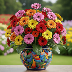 A bountiful arrangement of gerbera daisies in red pink orange and yellow shades presented in a vividly painted blue ceramic vase outdoors in a