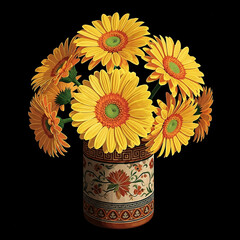 A close-up studio shot of a bouquet of bright yellow gerbera daisies with orange centers and green accents in a cylindrical vase with a traditional