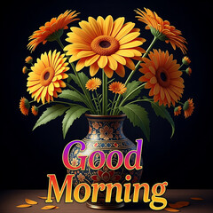 A decorative vase filled with bright orange gerbera daisies and green leaves with the words Good Morning written in vibrant gradient lettering on a