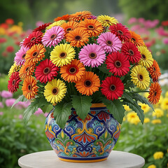 A large overflowing bouquet of colorful gerbera daisies in red pink orange and yellow hues displayed in a vibrantly painted ceramic vase on a