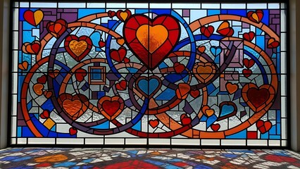 A vibrant stained glass window depicting intertwined hearts and a romantic colorful design