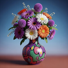 A striking arrangement of purple, white, and orange gerbera daisies and fluffy purple flowers in a uniquely designed vase with a swirling abstract