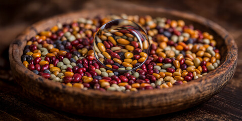 Colorful beans in rustic bowl with glass sphere reflection.
