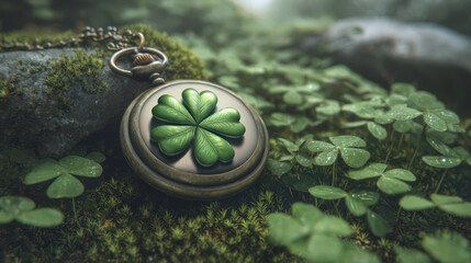 Vintage pocket watch with clover design in lush forest setting.