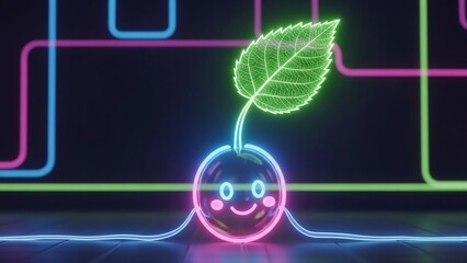 Cute glowing plant sprout with happy face in futuristic neon circuit background