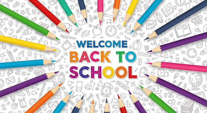 Colorful sharpened colored pencils frame a vibrant welcome back to school message over doodles - Powered by Adobe