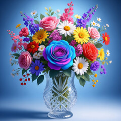 A vibrant and colorful bouquet of assorted flowers including roses daisies and sunflowers arranged in a clear crystal vase against a soft blue