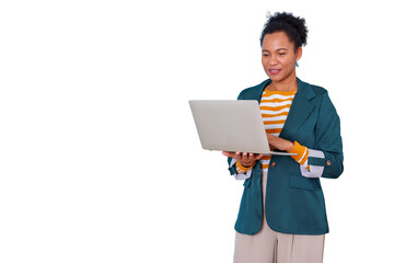 Black woman smiling, standing, using laptop for remote work or online business, professional female worker, transparent background