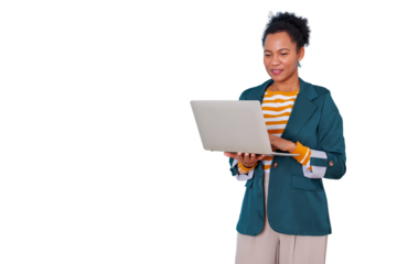Black woman smiling, standing, using laptop for remote work or online business, professional female worker, transparent background