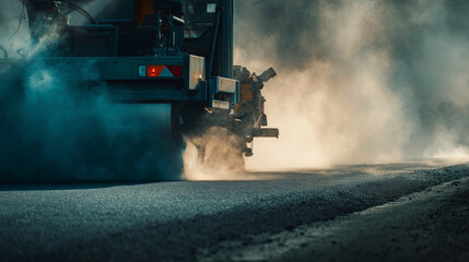 Asphalt paving machine working on a smoky road surface.