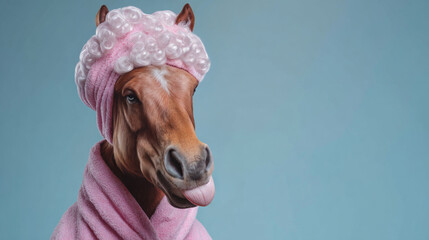 Horse in pink robe with curlers sticking tongue out playfully.
