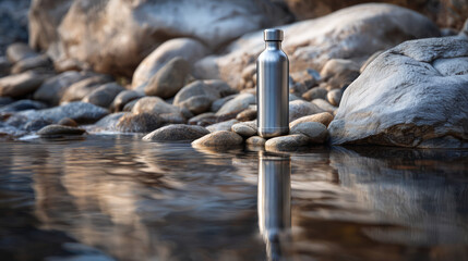 Metal water bottle resting on river rocks in nature setting.