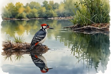 Woodpecker observing its reflection in a calm pond